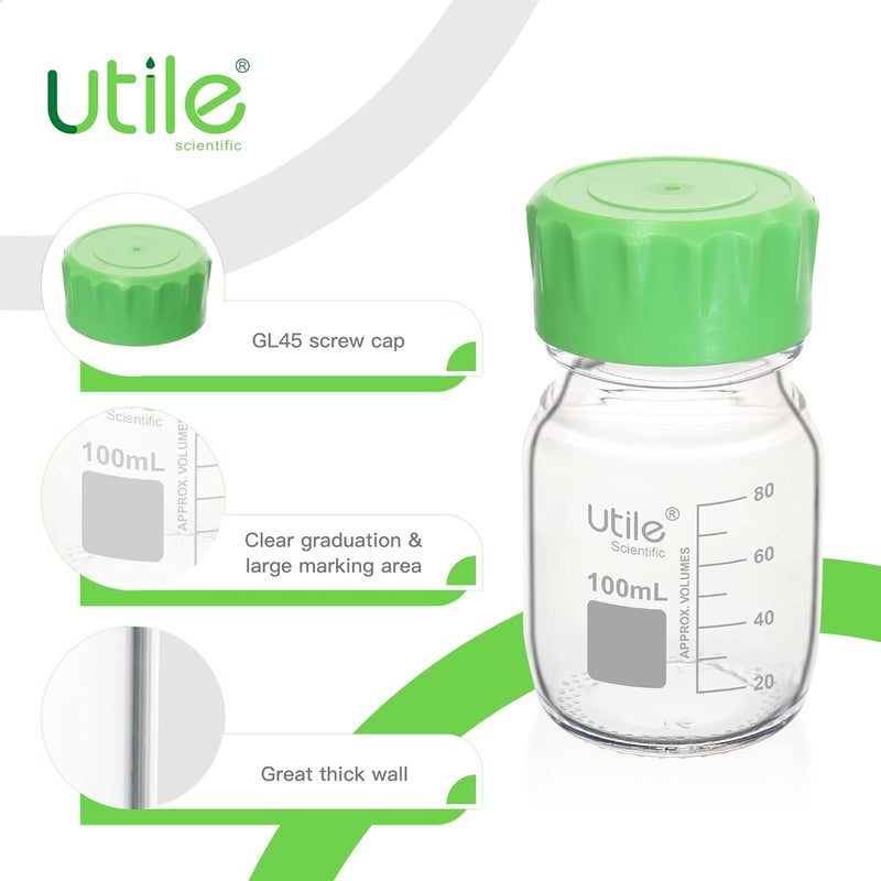 UTILE Media Bottle, 3.3 Borosilicate Glass Bottles with GL45 Screw Caps, 6pcs of 100ml(3.38oz) Lab Media Bottles, PP Material Media Storage Bottle, 4038.0100.6 - Image 3